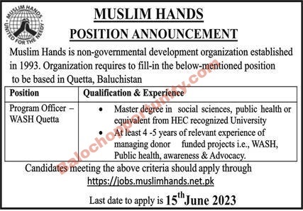Muslim Hands Balochistan New Jobs 2023